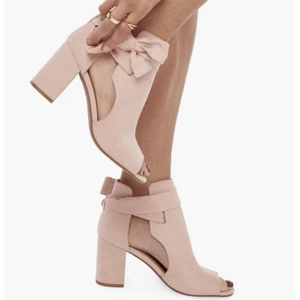 Coquette Feminine Faux Suede Women’s Shoes Sz 7.5 Blush Block Heel Wrap Tie